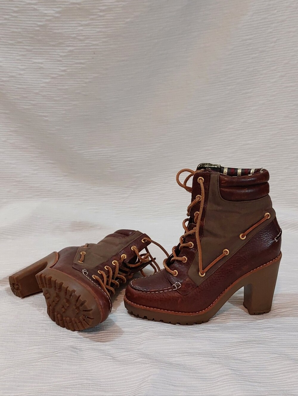 Sperry Two-Tone Brown Lace-Up Heeled Ankle Boots Leather & Canvas Size 7